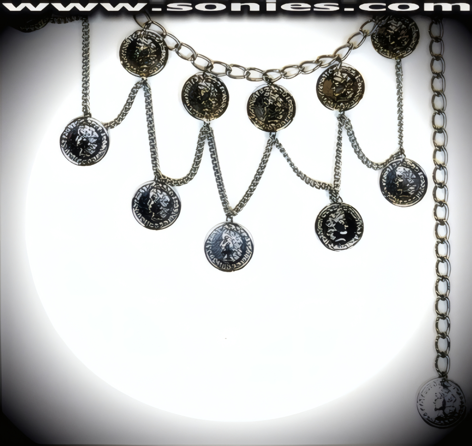 Anodized gun metal belly chain with coins and chain connects