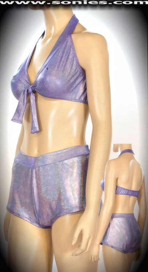 Julia hologram Lycra tie-front crop top and V-front shorts