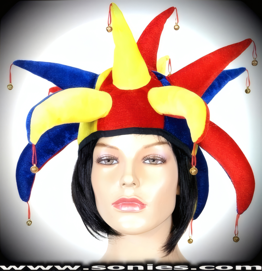 Court Jester's hat with multicoloured velour and dangling bells