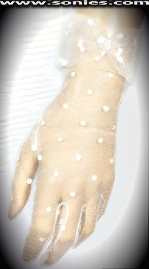 Achaea dotted mesh gloves with pearl gathered cuff