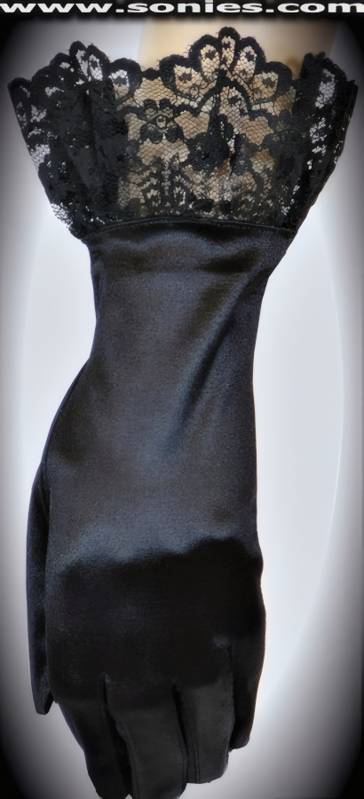 Tyche satin Lycra wrist-length gloves with ruffled lace cuff