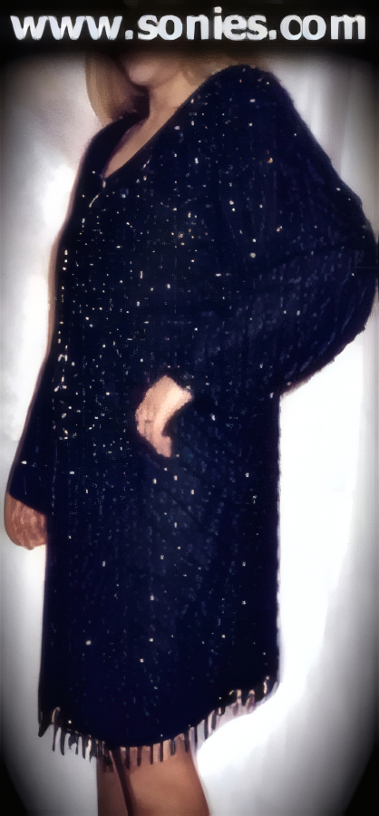 Elegant silk long evening jacket with hand sewn multiple sequin