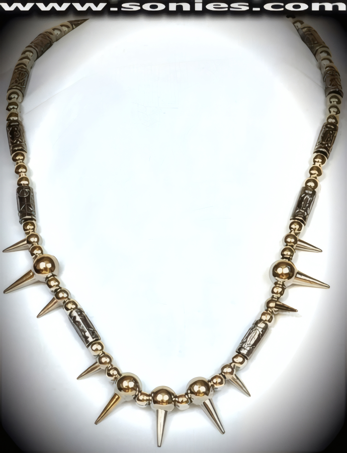 Silver metal spike necklace with cylindrical Aztec beads