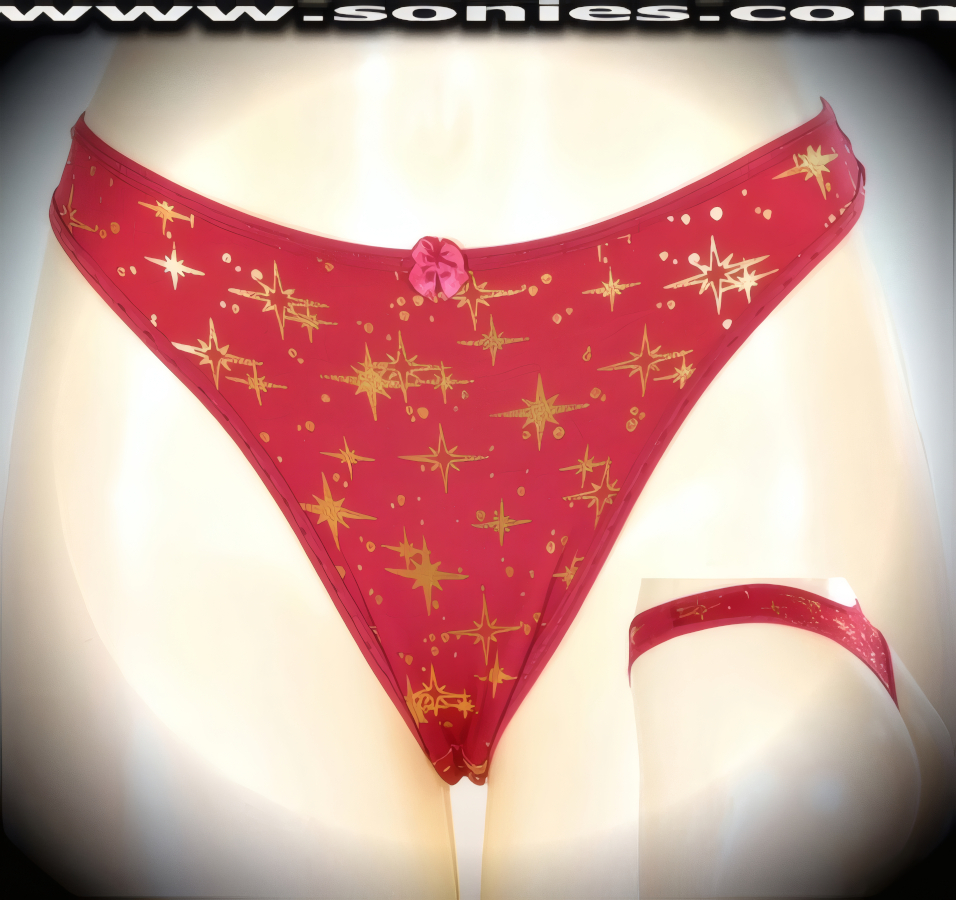 Ivanovna Lycra thong panty with gold metallic foil star print