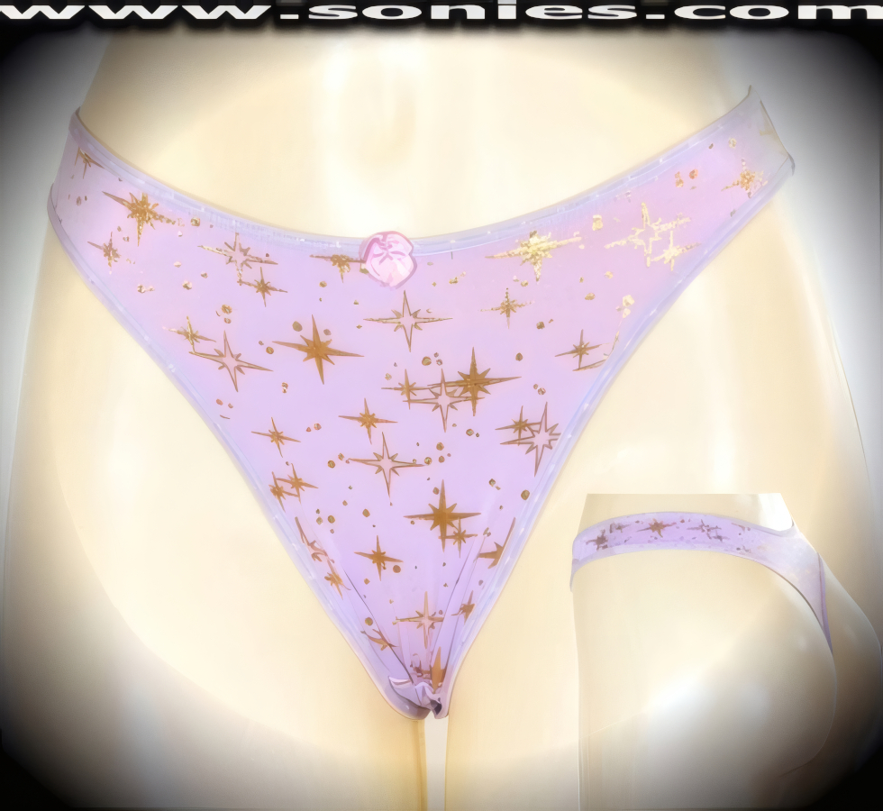 Ivanovna Lycra thong panty with gold metallic foil star print