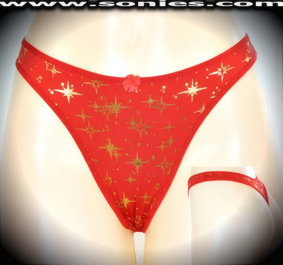 Ivanovna Lycra thong panty with gold metallic foil star print
